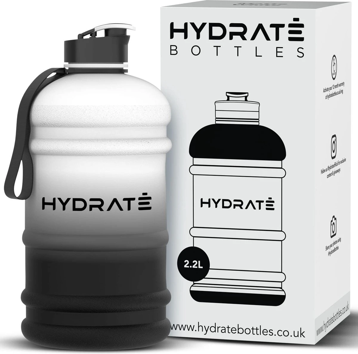 HYDRATE 2,2 Liter Sportwaterfles - Duurzaam En Extra Sterk - BPA Vrij - Ideaal Voor: Sportschool, Dieet, Bodybuilding, Buitensport, Wandelen En Kantoor - Grote Waterfles (mono). 3 HYDRATE 2,2 Liter Sportwaterfles - Duurzaam En Extra Sterk - BPA Vrij - Ideaal Voor: Sportschool, Dieet, Bodybuilding, Buitensport, Wandelen En Kantoor - Grote Waterfles (mono).