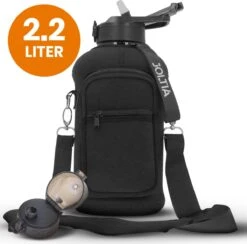 JOLTIA - Sportfles Met Sleeve - Drinkfles Met Rietje - Met Tijdmarkering En Motivatie - Tijd - Drinkflessen Volwassenen - Waterfles - Motiverende Drink / Water Fles - Bidon - Waterjug - 2.2 Liter - Zwart