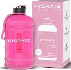 HYDRATE 2,2 Liter Waterfles - Nu Met Easy Drink Cap - Duurzaam En Extra Sterk - BPA Vrij - Ideaal Voor: Sportschool, Dieet, Bodybuilding, Buitensporten, Wandelen En Kantoor, Transparant Roze