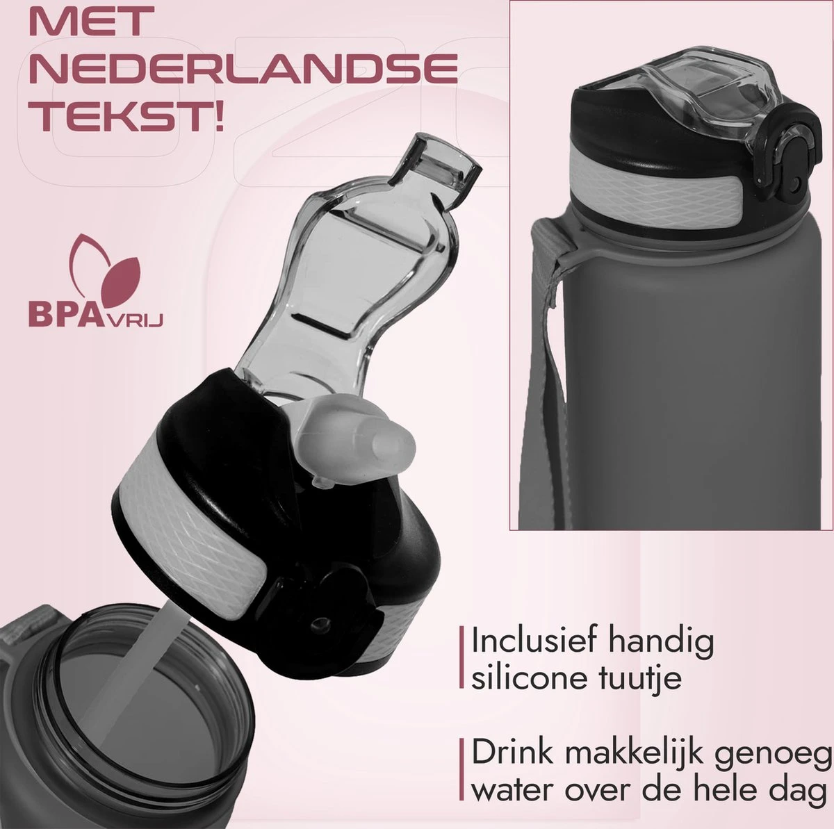 Gluxury Luxe Motivatie Waterfles - Nederlandse Tekst - Drinkfles Met Rietje - 1 Liter Drinkfles - Waterfles Met Tijdmarkering - Inc E-book - Zwart 6 Gluxury Luxe Motivatie Waterfles - Nederlandse Tekst - Drinkfles Met Rietje - 1 Liter Drinkfles - Waterfles Met Tijdmarkering - Inc E-book - Zwart - Afbeelding 4