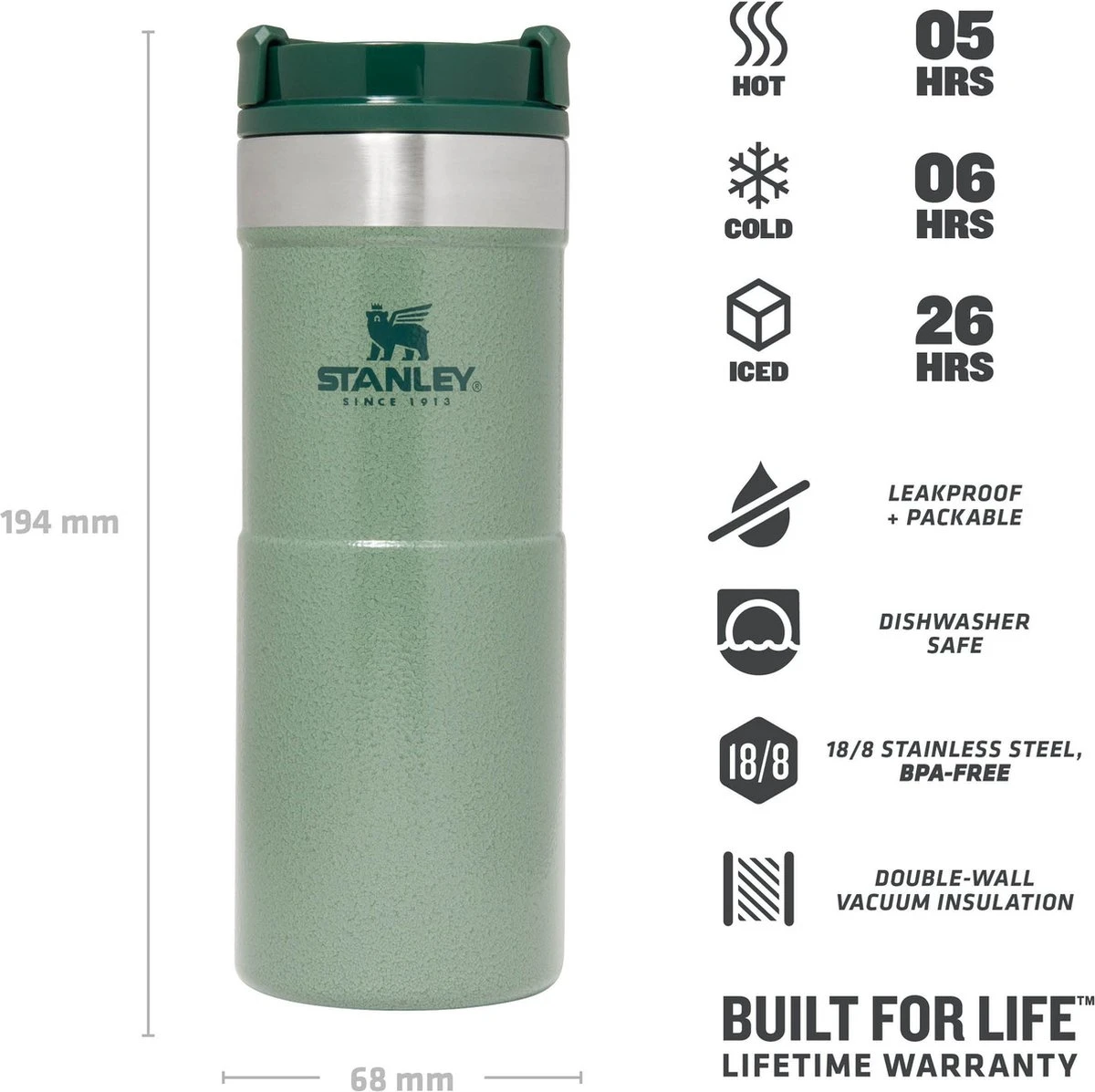 Stanley The NeverLeak™ Travel Mug 0,35L NEW - Thermosfles - Hammertone Green 11 Stanley The NeverLeak™ Travel Mug 0,35L NEW - Thermosfles - Hammertone Green - Afbeelding 9
