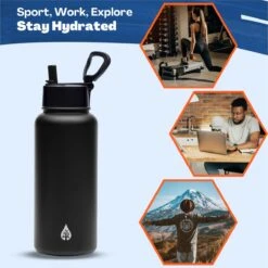 Waterfles 1 Liter Multifunctioneel Met Rietje - Drinkfles Volwassenen – Met 3 Doppen – RVS – 24uur Koud/12 Uur Warm - Zwart -Waterfles Voor Buiten 1200x1199 7