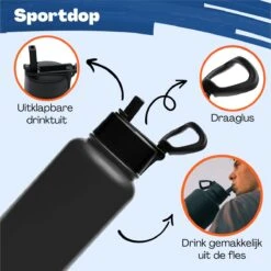 Waterfles 1 Liter Multifunctioneel Met Rietje - Drinkfles Volwassenen – Met 3 Doppen – RVS – 24uur Koud/12 Uur Warm - Zwart -Waterfles Voor Buiten 1200x1199 8