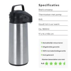 Cheqo® Thermos Pomp - 1.8L Roestvrij Staal - Isoleerkan Met Pomp - Thermoskan Met Pomp - Zwarte Dop & Handvat - Houdt 6 Uur Warm - 1800ml - Afmeting 17x14x36cm -Waterfles Voor Buiten 1200x1200 1008