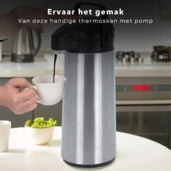 Cheqo® Thermos Pomp - 1.8L Roestvrij Staal - Isoleerkan Met Pomp - Thermoskan Met Pomp - Zwarte Dop & Handvat - Houdt 6 Uur Warm - 1800ml - Afmeting 17x14x36cm -Waterfles Voor Buiten 1200x1200 1009
