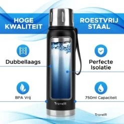 TravelR Thermosfles - Thermoskan - Drinkfles - Isoleerfles - BPA Vrij - Roestvrij Staal - 750 ML - Mat Zwart -Waterfles Voor Buiten 1200x1200 1043