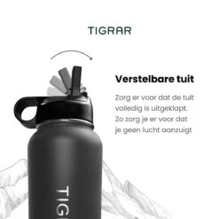 Tigrar - Drinkfles - Waterfles - Thermosfles 1 Liter - RVS - (Grafiet) Zwart - Incl. Extra Dop 3 Rietjes En Reiniger -Waterfles Voor Buiten 1200x1200 1170