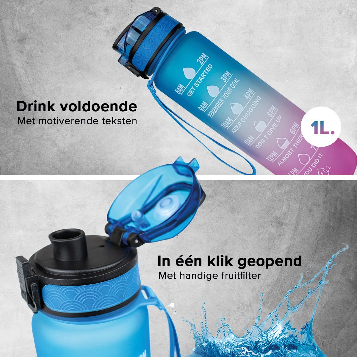 Nimma® Motivatie Waterfles - 1 Liter Drinkfles - Met Tijdmarkeringen En Fruitfilter - Blauw Roze 7 Nimma® Motivatie Waterfles - 1 Liter Drinkfles - Met Tijdmarkeringen En Fruitfilter - Blauw Roze - Afbeelding 5