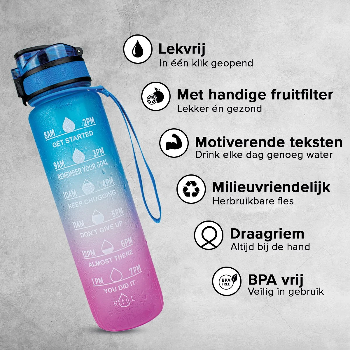 Nimma® Motivatie Waterfles - 1 Liter Drinkfles - Met Tijdmarkeringen En Fruitfilter - Blauw Roze 8 Nimma® Motivatie Waterfles - 1 Liter Drinkfles - Met Tijdmarkeringen En Fruitfilter - Blauw Roze - Afbeelding 6