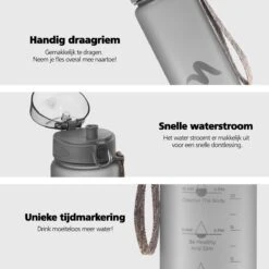 Swilix ® Drinkfles - 1 Liter - Drinkfles Met Tijdmarkering - Grijs -Waterfles Voor Buiten 1200x1200 158