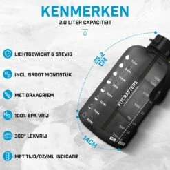 Fitcrafters Waterfles Met Tijdmarkeringen - Motiverende Drinkfles - 2L - BPA Vrij - Zwart -Waterfles Voor Buiten 1200x1200 186