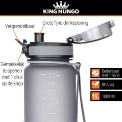 Drinkfles 1 Liter - Sport Drinkbus 1000 Ml Bidon Grijs 1L - King Mungo KMDF010 -Waterfles Voor Buiten 1200x1200 200