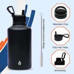 Drinkfles 2 Liter Met Rietje Waterjug Volwassenen - Complete Set - RVS 2L - 24uur Koud/12 Uur Warm - Zwart -Waterfles Voor Buiten 1200x1200 208