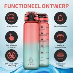 Lekro Waterfles Met Tijdmarkeringen - Motiverende Drinkfles Met Fruitfilter En Shake Bal/Shaker - 1 Liter - BPA Vrij - Roze/Blauw -Waterfles Voor Buiten 1200x1200 319