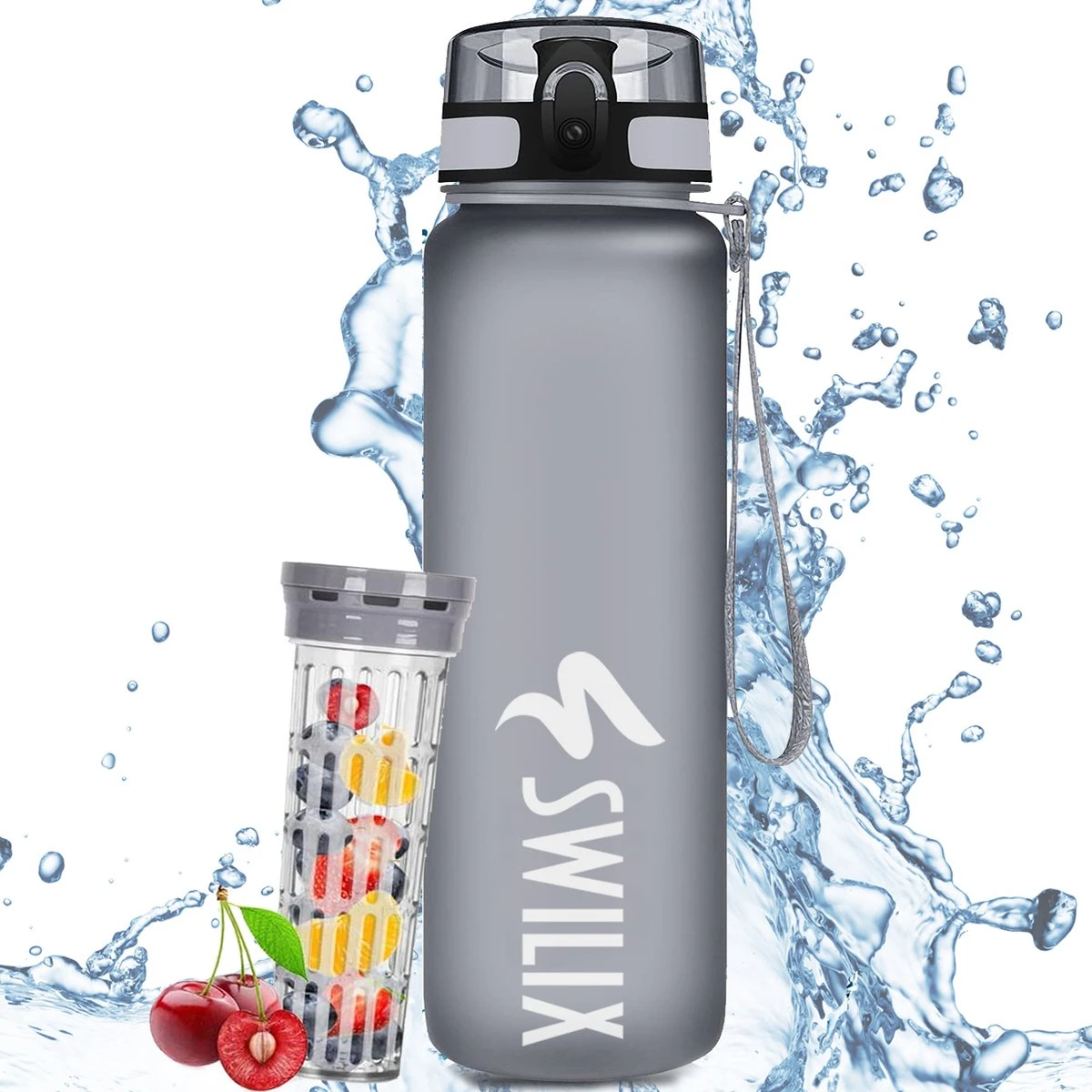 Swilix ® Drinkfles - 1 Liter - Waterfles Met Tijdmarkering - Met 2 Fruitfilters - Grijs 3 Swilix ® Drinkfles - 1 Liter - Waterfles Met Tijdmarkering - Met 2 Fruitfilters - Grijs