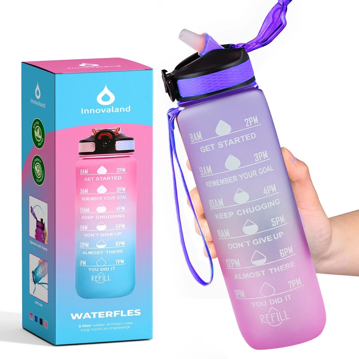 Innovaland Motivatie Waterfles Paars En Roze - 1 Liter Drinkfles - Waterfles Met Rietje - Waterfles Met Tijdmarkering - BPA Vrij - Volwassenen - Kinderen - Geschenk - Cadeau - Mannen - Vrouwen- Cadeau - Fitnes 3 Innovaland Motivatie Waterfles Paars En Roze - 1 Liter Drinkfles - Waterfles Met Rietje - Waterfles Met Tijdmarkering - BPA Vrij - Volwassenen - Kinderen - Geschenk - Cadeau - Mannen - Vrouwen- Cadeau - Fitnes