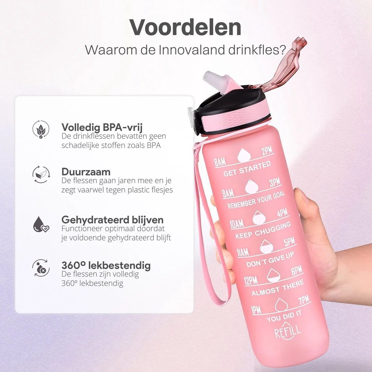 Innovaland Motivatie Waterfles Paars En Roze - 1 Liter Drinkfles - Waterfles Met Rietje - Waterfles Met Tijdmarkering - BPA Vrij - Volwassenen - Kinderen - Geschenk - Cadeau - Mannen - Vrouwen- Cadeau - Fitnes 4 Innovaland Motivatie Waterfles Paars En Roze - 1 Liter Drinkfles - Waterfles Met Rietje - Waterfles Met Tijdmarkering - BPA Vrij - Volwassenen - Kinderen - Geschenk - Cadeau - Mannen - Vrouwen- Cadeau - Fitnes - Afbeelding 2