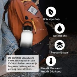 Aevona Waterfles Met Rietje - Thermosfles - Incl 2 Doppen - RVS - 1 Liter -Waterfles Voor Buiten 1200x1200 351