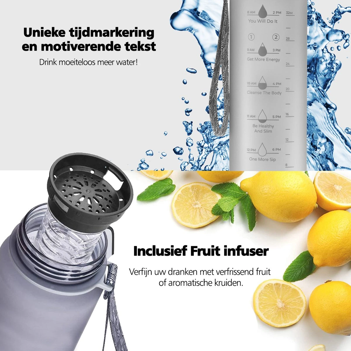 Swilix ® Drinkfles - 1 Liter - Waterfles Met Tijdmarkering - Met 2 Fruitfilters - Grijs 8 Swilix ® Drinkfles - 1 Liter - Waterfles Met Tijdmarkering - Met 2 Fruitfilters - Grijs - Afbeelding 6