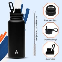 Waterfles 1 Liter Multifunctioneel Met Rietje - Drinkfles Volwassenen – Met 3 Doppen – RVS – 24uur Koud/12 Uur Warm - Zwart -Waterfles Voor Buiten 1200x1200 382