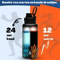 Waterfles 1 Liter Multifunctioneel Met Rietje - Drinkfles Volwassenen – Met 3 Doppen – RVS – 24uur Koud/12 Uur Warm - Zwart -Waterfles Voor Buiten 1200x1200 383