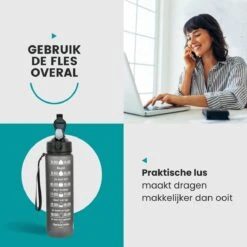 Lacardia Nederlandse Motivatie Waterfles Grijs 'Nederlandse Tekst' - Drinkfles Met Rietje - Waterfles 1 Liter - Waterfles Met Tijdmarkering -Waterfles Voor Buiten 1200x1200 449