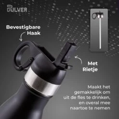 Pulver - Luxe RVS Thermosbeker / Drinkfles – BPA Vrij – 500 Ml - Waterfles Met Rietje – Drinkfles – Dubbele Isolatie - Kinderen & Volwassenen - Zwart -Waterfles Voor Buiten 1200x1200 5