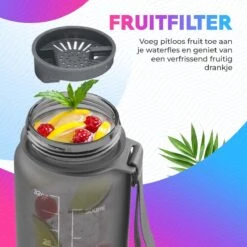 WODster Drinkfles Voor Kinderen En Volwassenen - 1 Liter - Waterfles Met Tijdmarkeringen En Fruit Filter - Bidon BPA Vrij - Grijs -Waterfles Voor Buiten 1200x1200 573