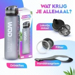 WODster Drinkfles Voor Kinderen En Volwassenen - 1 Liter - Waterfles Met Tijdmarkeringen En Fruit Filter - Bidon BPA Vrij - Grijs -Waterfles Voor Buiten 1200x1200 574