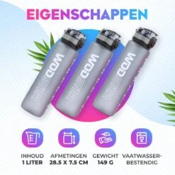WODster Drinkfles Voor Kinderen En Volwassenen - 1 Liter - Waterfles Met Tijdmarkeringen En Fruit Filter - Bidon BPA Vrij - Grijs -Waterfles Voor Buiten 1200x1200 575
