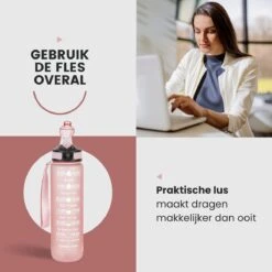 Lacardia Nederlandse Motivatie Waterfles Rosé Goud 'Nederlandse Tekst' - Drinkfles Met Rietje - Waterfles 1 Liter - Waterfles Met Tijdmarkering -Waterfles Voor Buiten 1200x1200 579