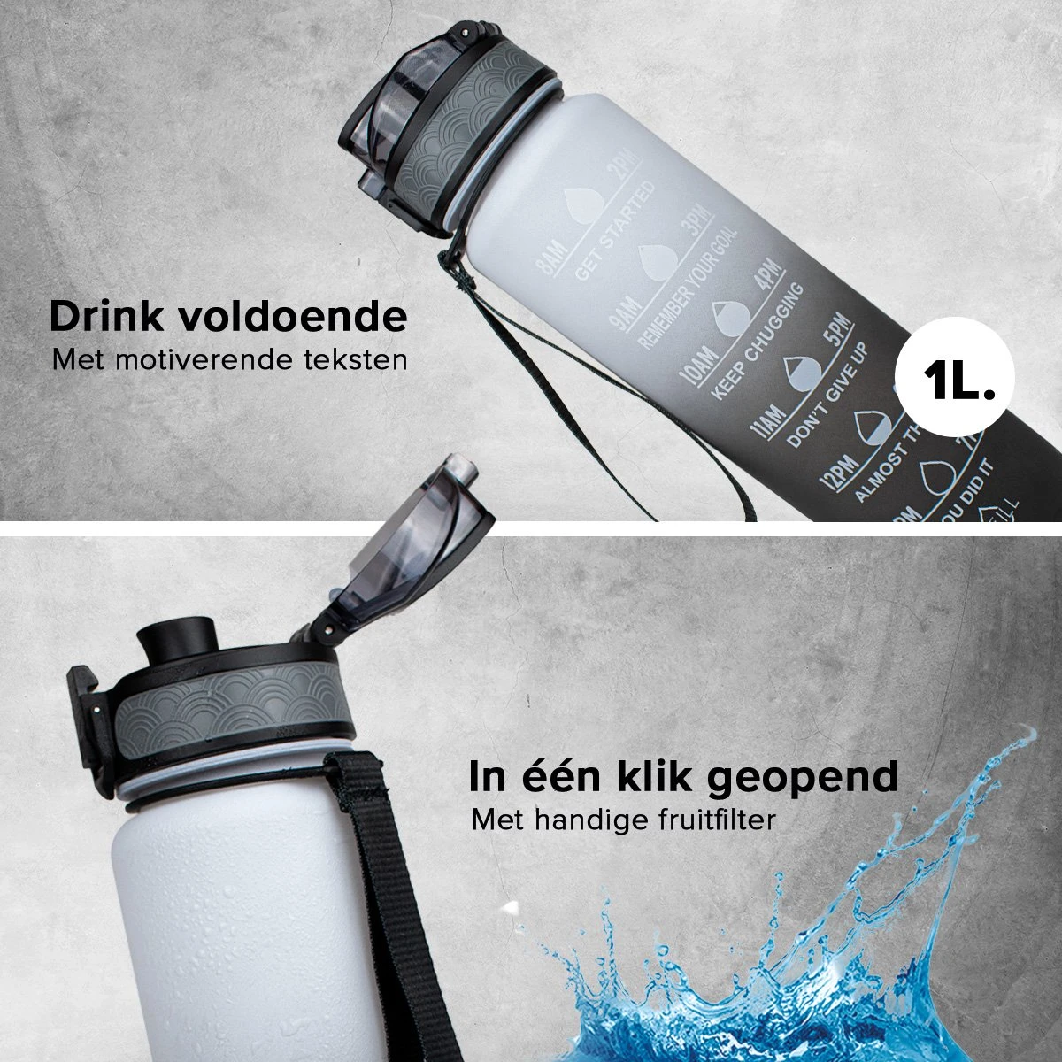 Nimma® Motivatie Waterfles - 1 Liter Drinkfles - Met Tijdmarkeringen En Fruitfilter - Zwart Wit 6 Nimma® Motivatie Waterfles - 1 Liter Drinkfles - Met Tijdmarkeringen En Fruitfilter - Zwart Wit - Afbeelding 4