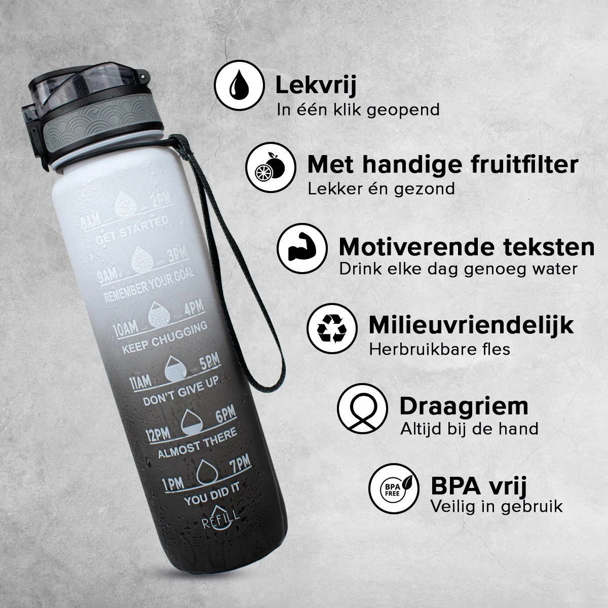 Nimma® Motivatie Waterfles - 1 Liter Drinkfles - Met Tijdmarkeringen En Fruitfilter - Zwart Wit 7 Nimma® Motivatie Waterfles - 1 Liter Drinkfles - Met Tijdmarkeringen En Fruitfilter - Zwart Wit - Afbeelding 5
