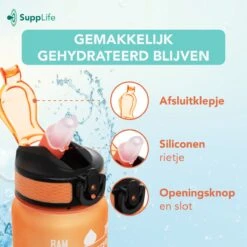 Supplife Motivatie Waterfles - 1 Liter Drinkfles - Waterfles Met Tijdmarkering - Met Rietje - Volwassenen - Kinderen - Cyaan Oranje - Inclusief Schoonmaakborstel -Waterfles Voor Buiten 1200x1200 694