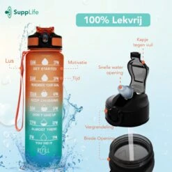 Supplife Motivatie Waterfles - 1 Liter Drinkfles - Waterfles Met Tijdmarkering - Met Rietje - Volwassenen - Kinderen - Cyaan Oranje - Inclusief Schoonmaakborstel -Waterfles Voor Buiten 1200x1200 697