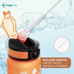 Supplife Motivatie Waterfles - 1 Liter Drinkfles - Waterfles Met Tijdmarkering - Met Rietje - Volwassenen - Kinderen - Cyaan Oranje - Inclusief Schoonmaakborstel -Waterfles Voor Buiten 1200x1200 698