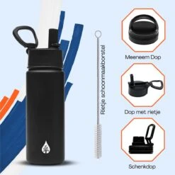Waterfles 500 Ml Met Rietje Multifunctioneel - Drinkfles Volwassenen - RVS Inclusief 3 Doppen - 24uur Koud/12 Uur Warm - Zwart -Waterfles Voor Buiten 1200x1200 703