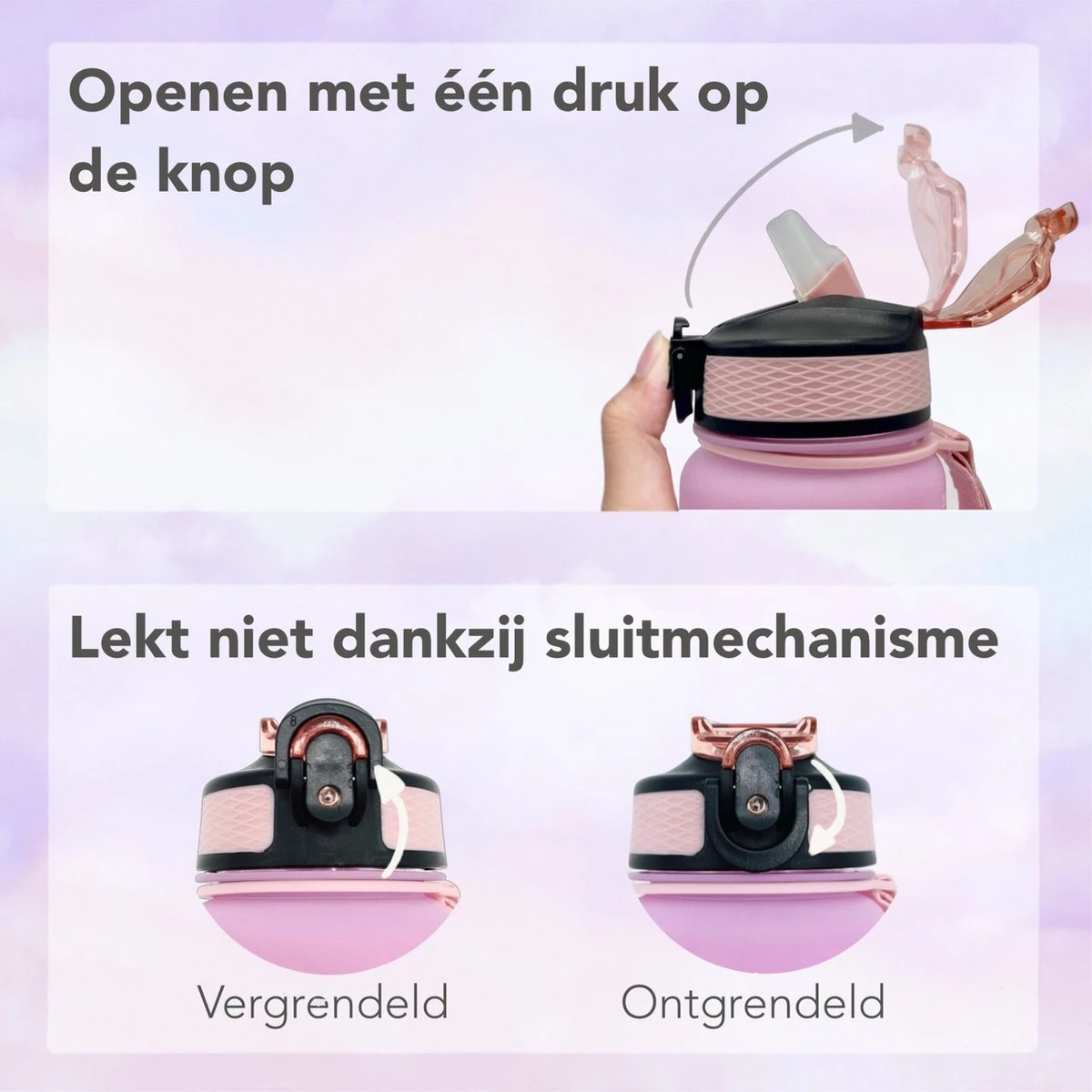 Seniq Motivatie Waterfles - 1 Liter - Drinkfles Met Tijdmarkering - Rietje - Roze Lichtblauw 6 Seniq Motivatie Waterfles - 1 Liter - Drinkfles Met Tijdmarkering - Rietje - Roze Lichtblauw - Afbeelding 4