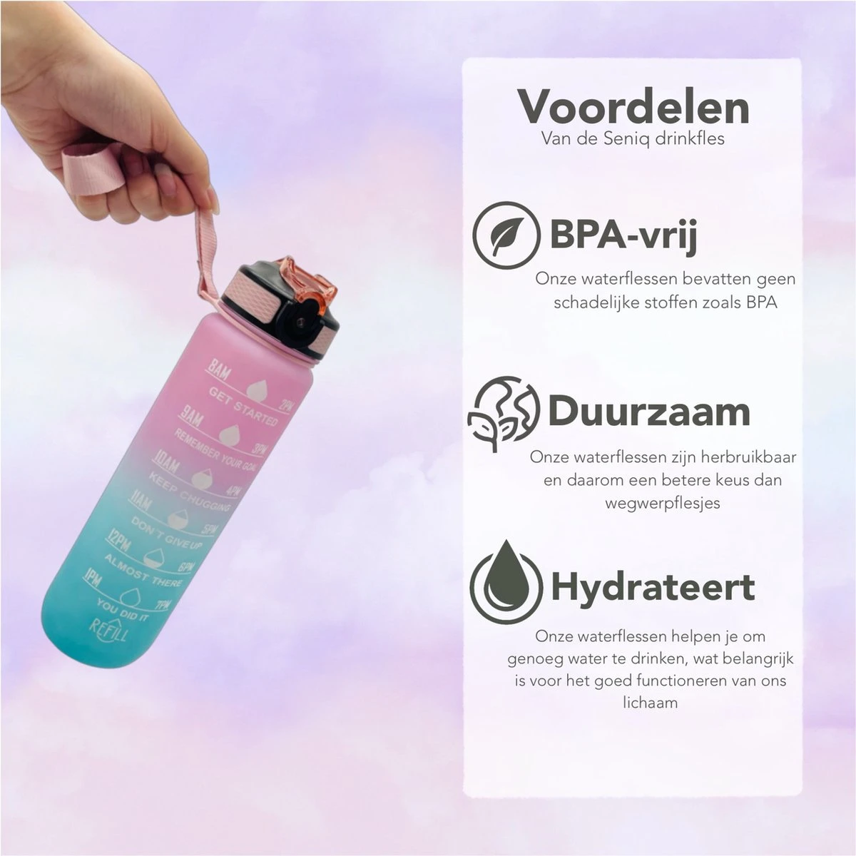 Seniq Motivatie Waterfles - 1 Liter - Drinkfles Met Tijdmarkering - Rietje - Roze Lichtblauw 7 Seniq Motivatie Waterfles - 1 Liter - Drinkfles Met Tijdmarkering - Rietje - Roze Lichtblauw - Afbeelding 5