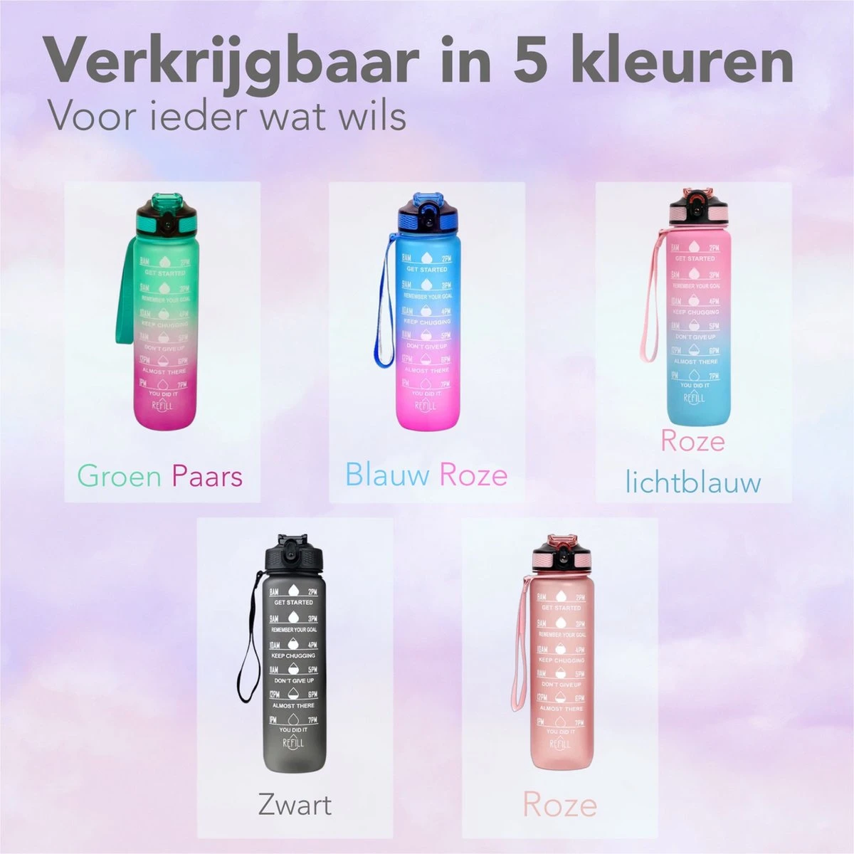Seniq Motivatie Waterfles - 1 Liter - Drinkfles Met Tijdmarkering - Rietje - Roze Lichtblauw 11 Seniq Motivatie Waterfles - 1 Liter - Drinkfles Met Tijdmarkering - Rietje - Roze Lichtblauw - Afbeelding 9