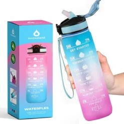 Innovaland Motivatie Waterfles Blauw / Roze- 1 Liter Drinkfles - Waterfles Met Rietje - Waterfles Met Tijdmarkering - BPA Vrij - Volwassenen - Kinderen - Cadeau - Voor Man - Vrouw