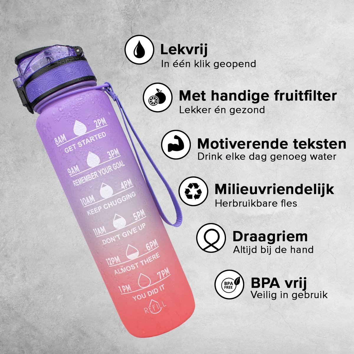 Nimma® Motivatie Waterfles - 1 Liter Drinkfles - Met Tijdmarkeringen En Fruitfilter - Roze Paars 8 Nimma® Motivatie Waterfles - 1 Liter Drinkfles - Met Tijdmarkeringen En Fruitfilter - Roze Paars - Afbeelding 6