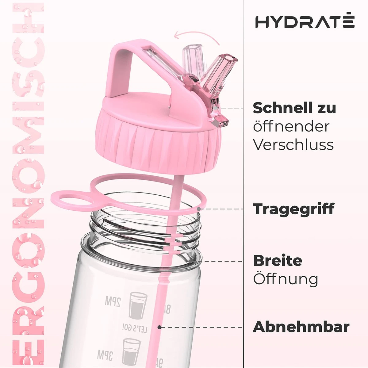 HYDRATE 900ml Drinkfles Met Tijdmarkeringen - Sport Waterfles Met Rietje, BPA-vrije Drinkfles Rietje Van Tritan Ideaal Voor Sportschool, Kantoor, Wandelen, Fitness, Sportfles (Zacht Roze) 4 HYDRATE 900ml Drinkfles Met Tijdmarkeringen - Sport Waterfles Met Rietje, BPA-vrije Drinkfles Rietje Van Tritan Ideaal Voor Sportschool, Kantoor, Wandelen, Fitness, Sportfles (Zacht Roze) - Afbeelding 2