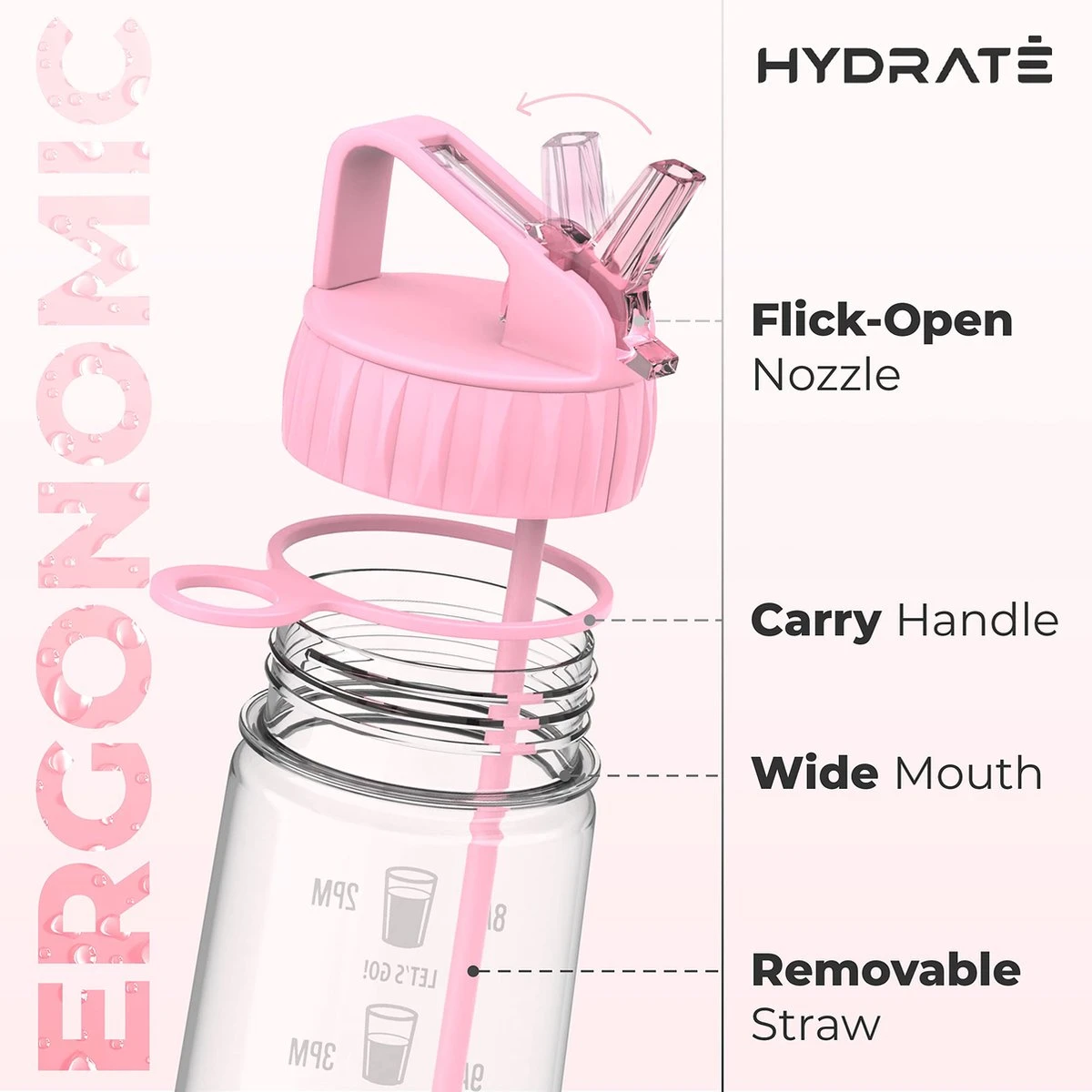 HYDRATE 900ml Drinkfles Met Tijdmarkeringen - Sport Waterfles Met Rietje, BPA-vrije Drinkfles Rietje Van Tritan Ideaal Voor Sportschool, Kantoor, Wandelen, Fitness, Sportfles (Zacht Roze) 5 HYDRATE 900ml Drinkfles Met Tijdmarkeringen - Sport Waterfles Met Rietje, BPA-vrije Drinkfles Rietje Van Tritan Ideaal Voor Sportschool, Kantoor, Wandelen, Fitness, Sportfles (Zacht Roze) - Afbeelding 3