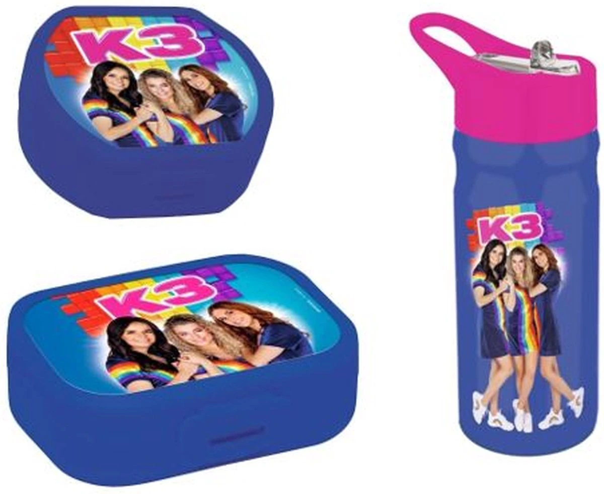 K3 Broodtrommel, Koekendoos En Drinkfles Voordeelset - Regenboog Uitvoering Met Hanne, Marthe En Julia 3 K3 Broodtrommel, Koekendoos En Drinkfles Voordeelset - Regenboog Uitvoering Met Hanne, Marthe En Julia