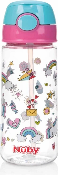 Nûby - Beker Met Zacht Rietje En Drukknop Uit Tritan™ - 530ml - Roze - Unicorns -Waterfles Voor Buiten 400x1200 1