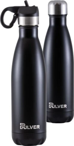 Pulver - Luxe RVS Thermosbeker / Drinkfles – BPA Vrij – 500 Ml - Waterfles Met Rietje – Drinkfles – Dubbele Isolatie - Kinderen & Volwassenen - Zwart