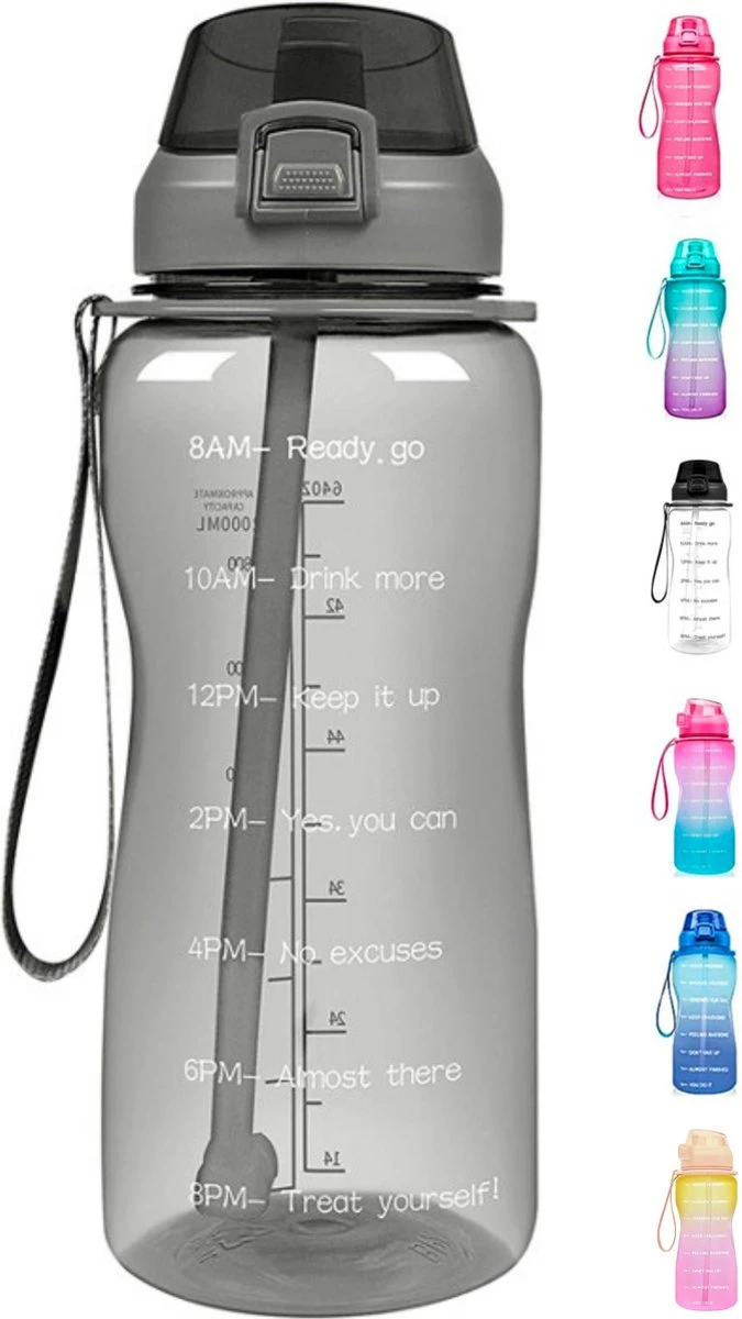 FLOOQ Motivatie Waterfles Zwart - 2 Liter Drinkfles - BPA Vrij - Waterfles Met Tijdsmarkering 3 FLOOQ Motivatie Waterfles Zwart - 2 Liter Drinkfles - BPA Vrij - Waterfles Met Tijdsmarkering