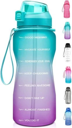 Motivatie Waterfles 2 Liter - Bidon - Sportdrankfles - Grote Waterfles - Gallon - Rietje - Tijdsmarkering - Groen/Paars