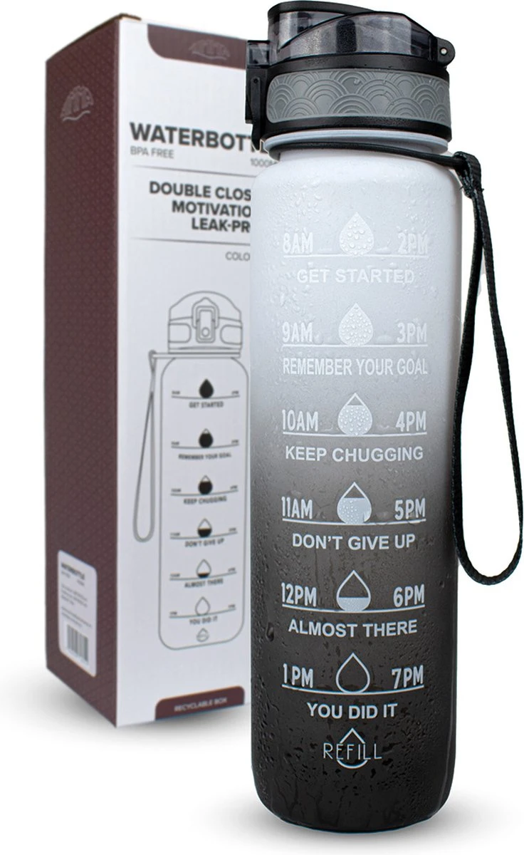 Nimma® Motivatie Waterfles - 1 Liter Drinkfles - Met Tijdmarkeringen En Fruitfilter - Zwart Wit 5 Nimma® Motivatie Waterfles - 1 Liter Drinkfles - Met Tijdmarkeringen En Fruitfilter - Zwart Wit - Afbeelding 3